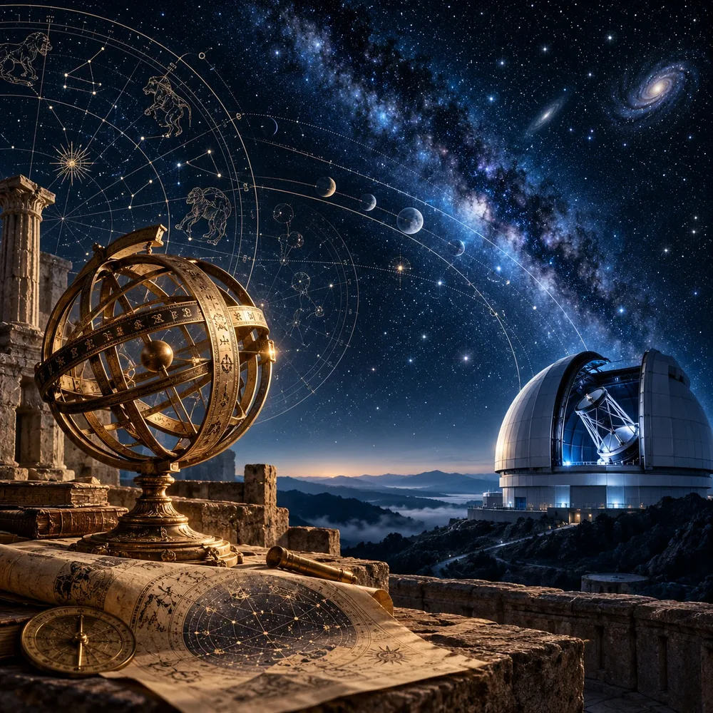 Esfera armilar diante de um observatório moderno