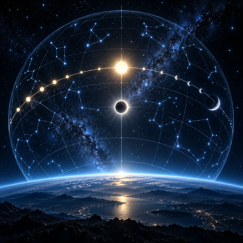 Esfera celeste com constelações e o caminho do Sol e da Lua