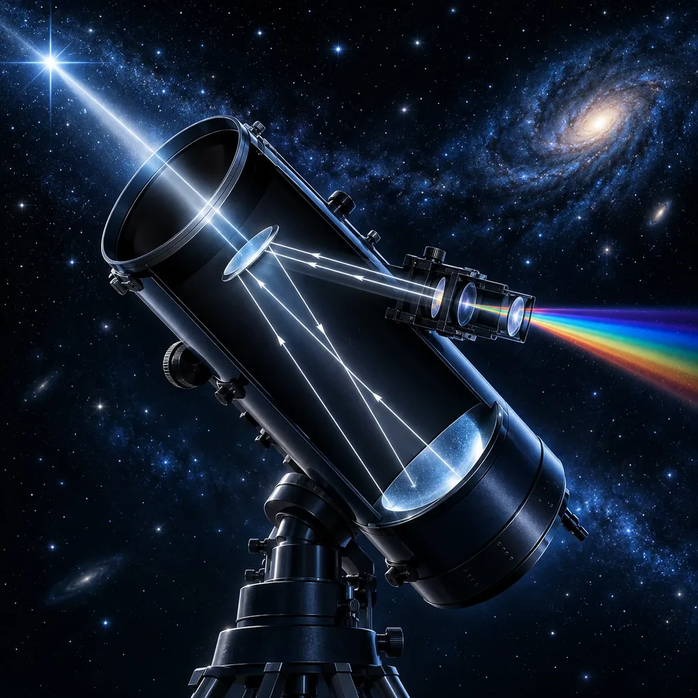 Telescópio refletor decompondo a luz em espectro