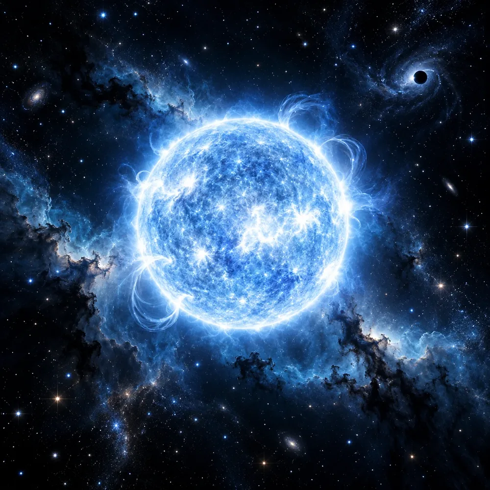 Estrela azul gigante com um buraco negro ao fundo