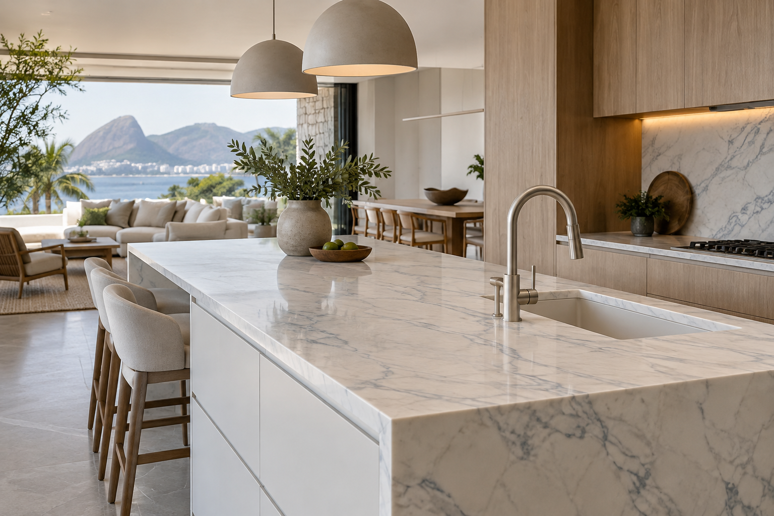 Interior contemporâneo com bancada de pedra e materiais naturais