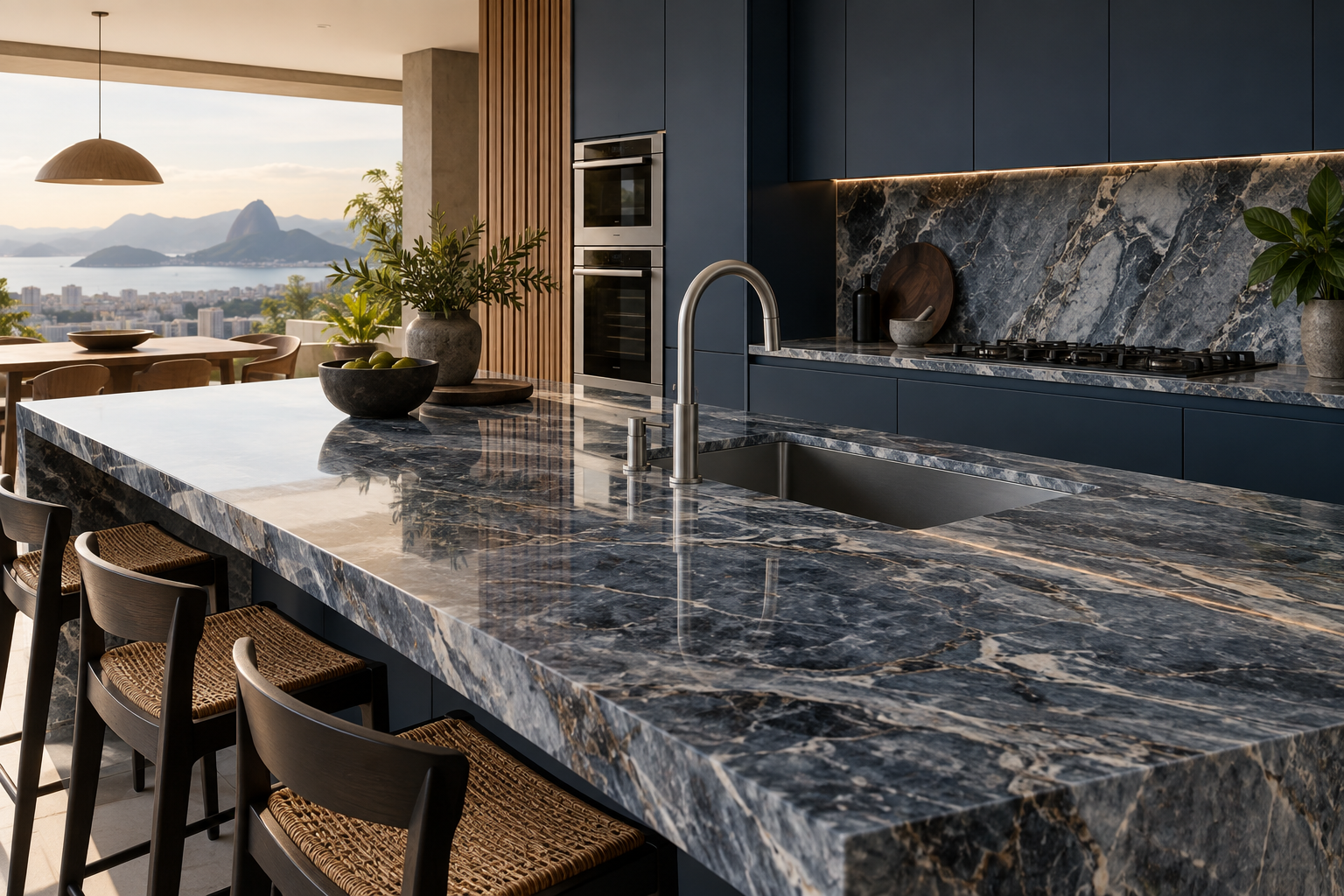 Bancada de pedra natural em cozinha planejada